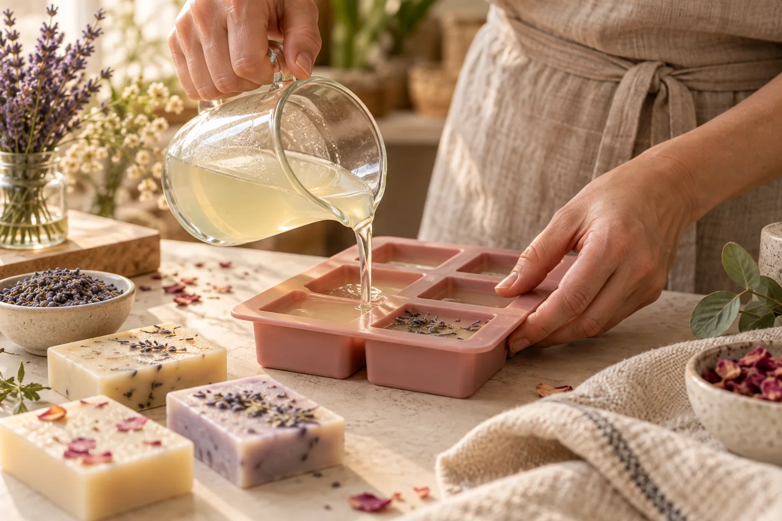 Escena ilustrativa de elaboración artesanal de jabones con moldes y materiales